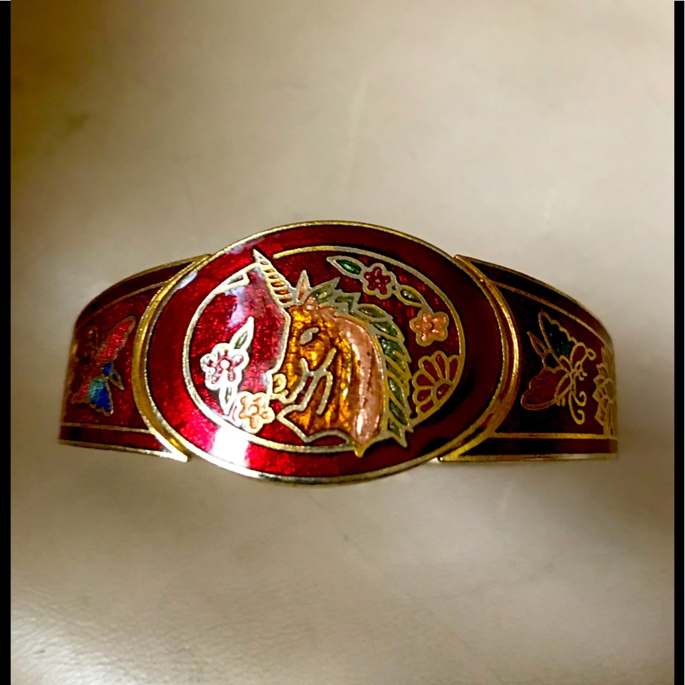 Vintage Cloisonne Unicorn Cuff Bracelet